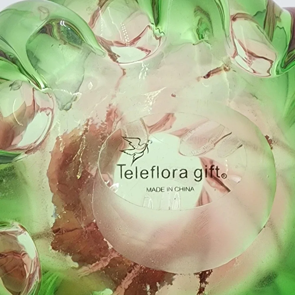 Vintage Teleflora Vase Hand Blown Glass Pink to Green Swirl & Ruffled Rim 7.5